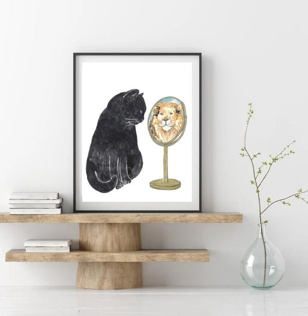 Affiche Le chat noir se regardant dans le miroir - arloca