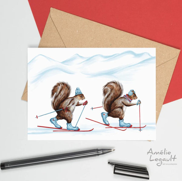 Carte de voeux Les écureuils en ski de fond - arloca