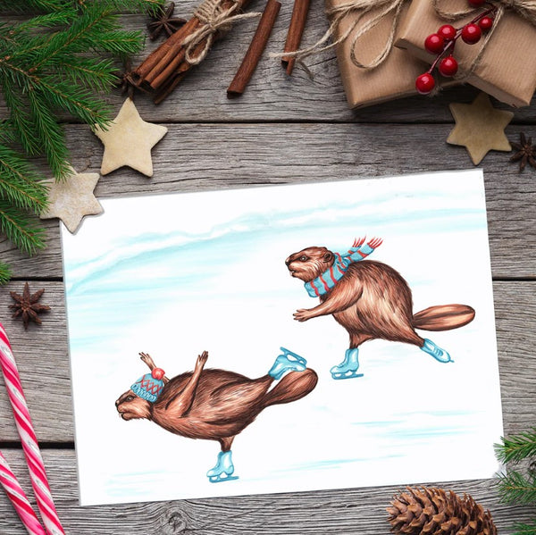 Carte de vœux Les castors patineurs - arloca