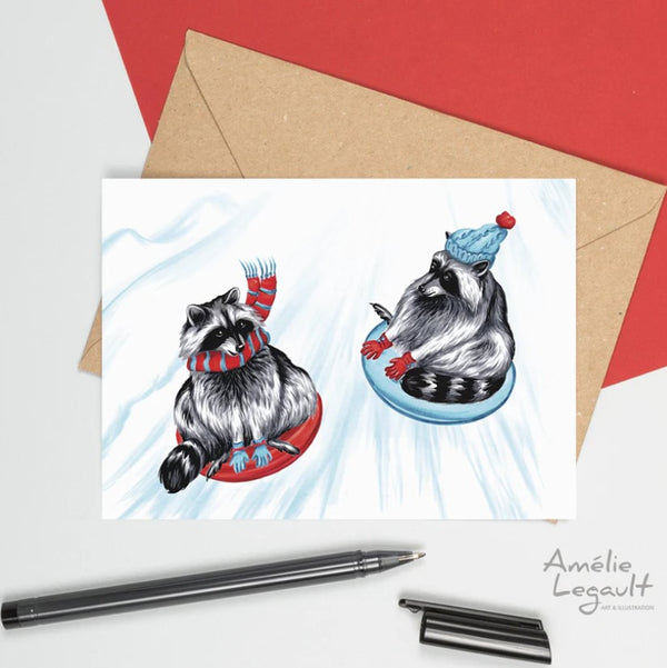 Carte de voeux Les Ratons laveurs qui glissent - arloca