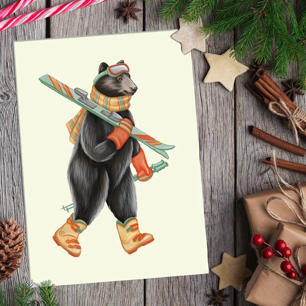Carte de voeux L'ours noir avec ses skis - arloca
