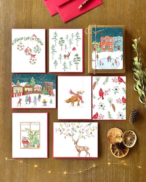 Boîte de 8 cartes de Noël illustrées – Aquarelle et enveloppes rouges - arloca