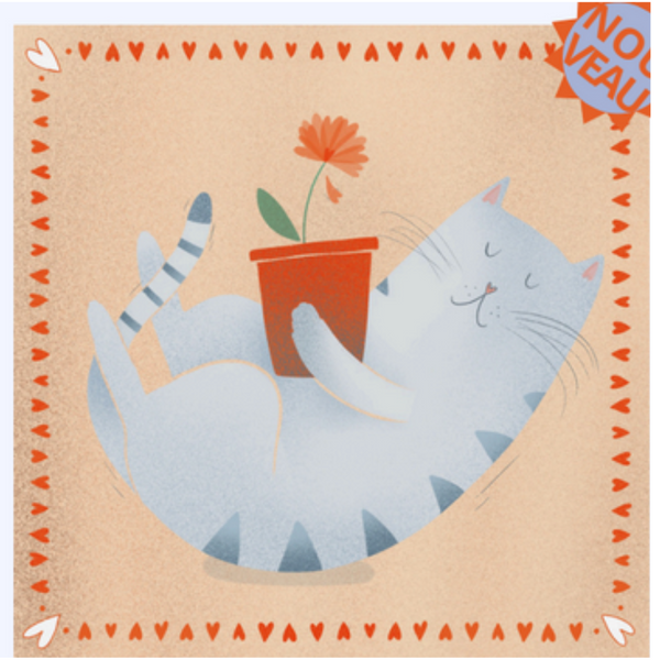 Carte de souhaits le chat avec son pot de fleur - arloca
