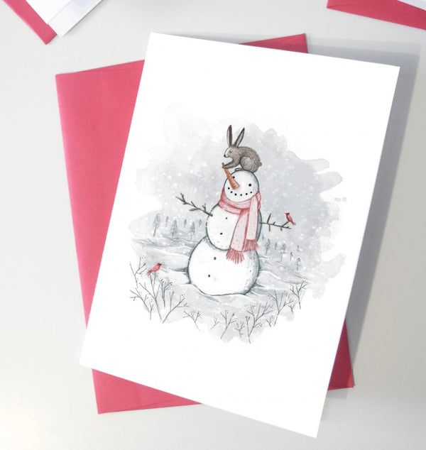 Carte de souhaits Bonhomme de neige et lièvre - arloca