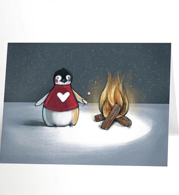 Carte de voeux Pingouin près du feu