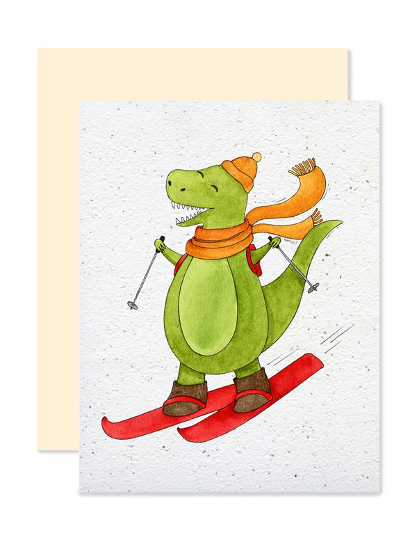 Carte de souhaits plantable T-rex en ski