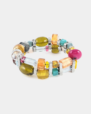 Bracelet manchette Pedras en argent, étain et verre coloré
