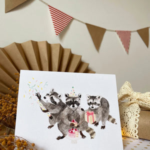 Carte de souhaits Les 3 ratons laveurs mignons - arloca