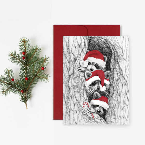Carte de Noël Ratons laveurs avec leurs tuques de Noël