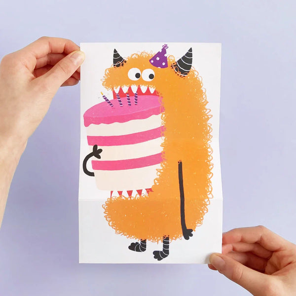 Carte de souhaits à déplier Monstre et Gâteau