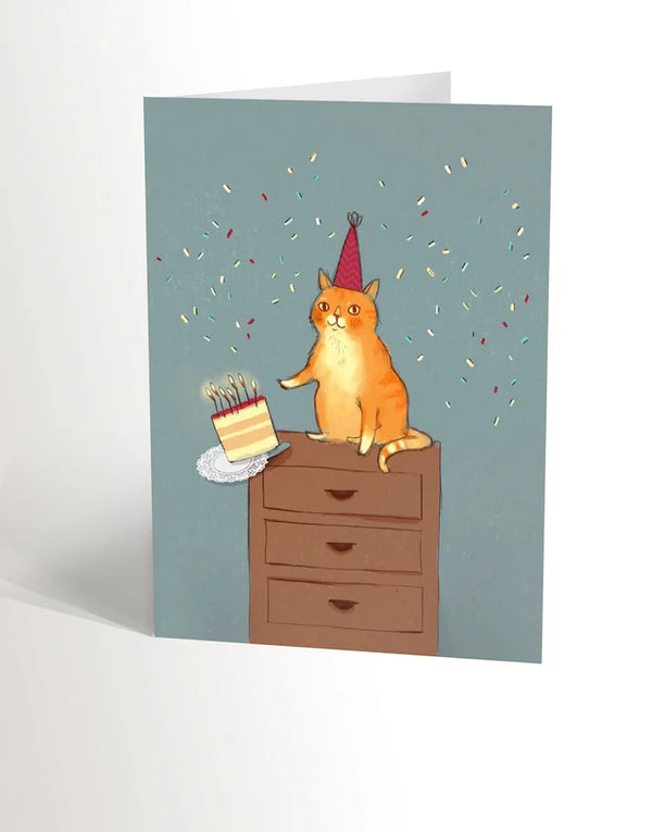 Carte de souhaits Le chat qui fait tomber le gâteau