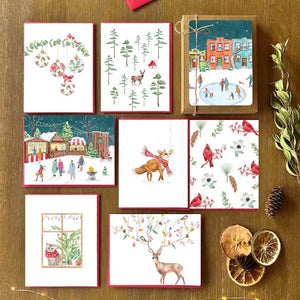 Boîte de 8 cartes de Noël illustrées – Aquarelle et enveloppes rouges - arloca