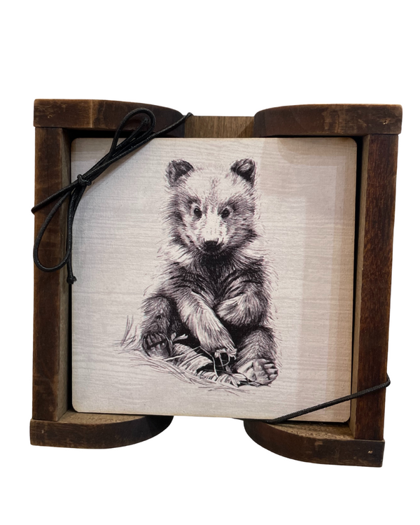 Ensemble de 4 sous‑verres en bois avec support