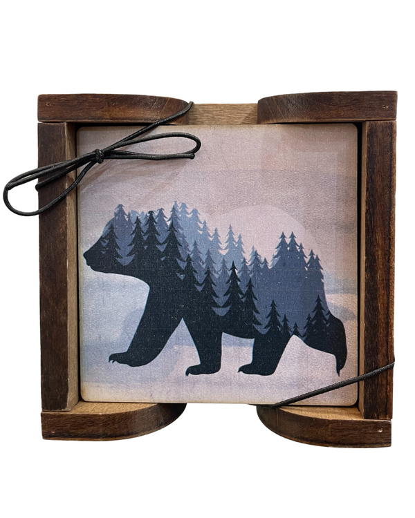 Ensemble de 4 sous‑verres en bois avec support