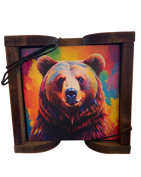 Ensemble de 4 sous‑verres en bois avec support