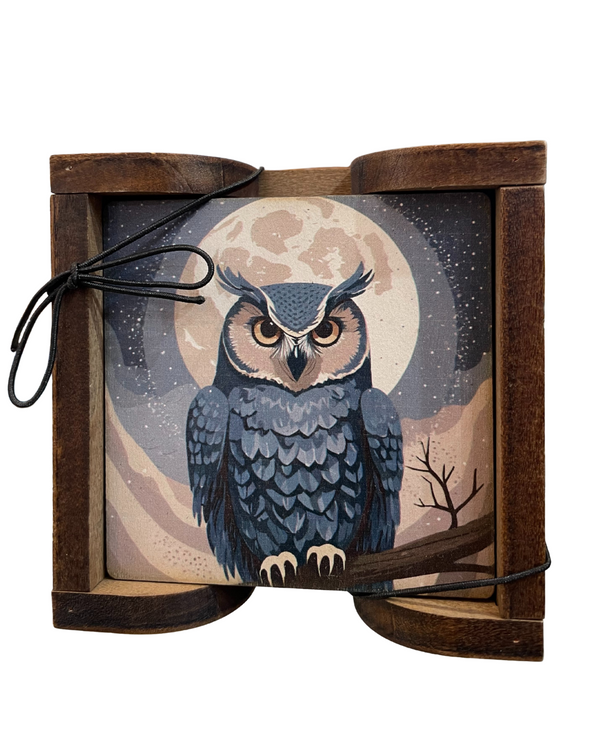 Ensemble de 4 sous‑verres en bois avec support