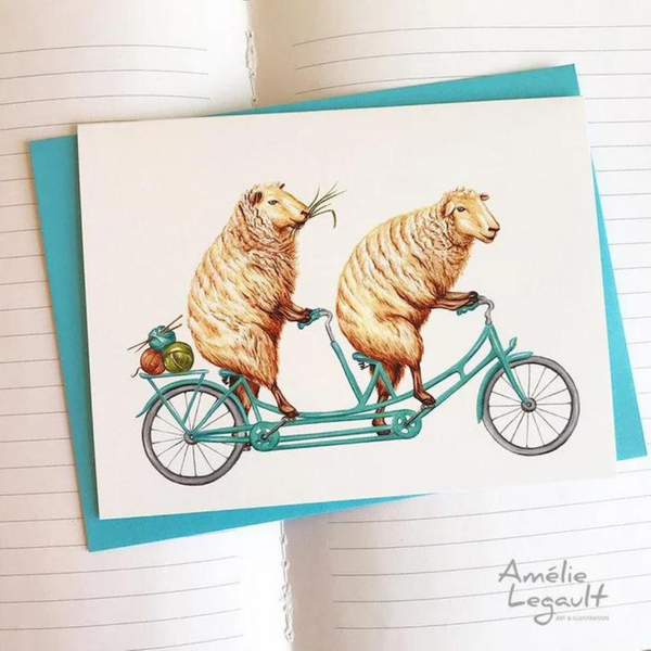 Carte de souhaits Moutons dodus en vélo tandem