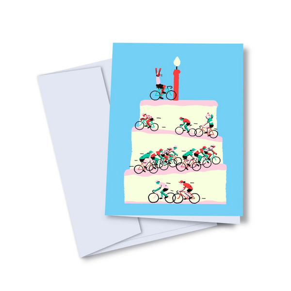 Carte de souhaits Gâteau de fête et cyclistes