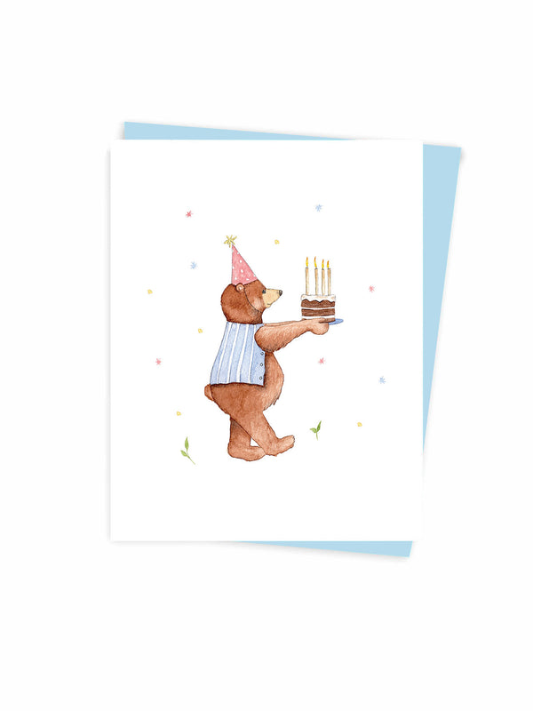 Carte de souhaits L'ours apporte le gâteau