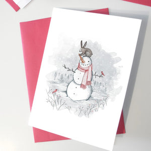Carte de souhaits Bonhomme de neige et lièvre - arloca
